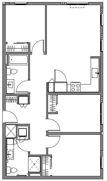A black and white floor plan of a house with a kitchen, living room, and bathroom.