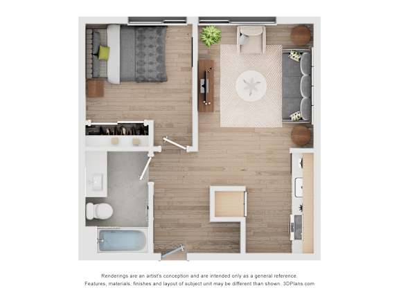 A floor plan of a house with a kitchen, living room, and bathroom.