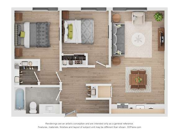 A 3D floor plan of a house with a kitchen, living room, and bathroom.
