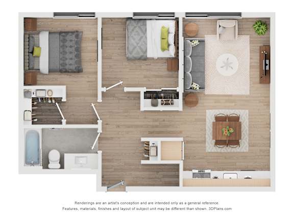 A 3D floor plan of a house with a kitchen, living room, and bathroom.
