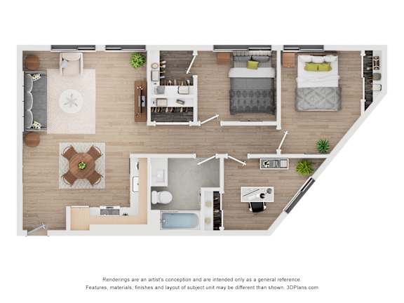 A floor plan of a house with a kitchen, living room, and two bedrooms.