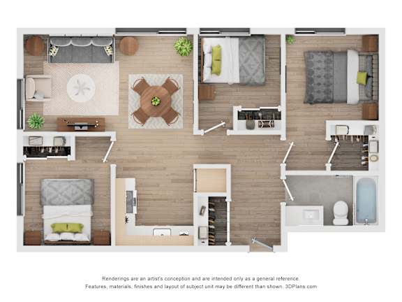 A floor plan of a house with a kitchen, living room, dining room, and bathroom.