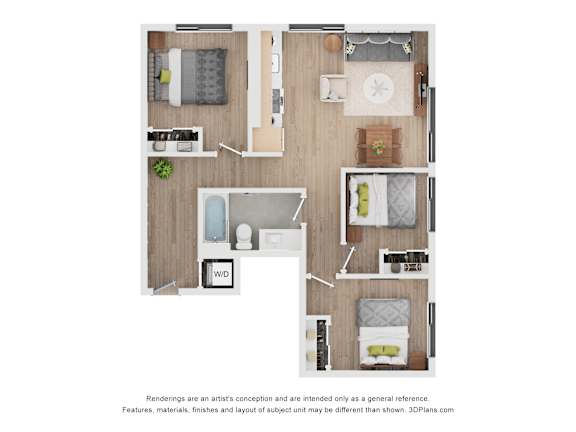 A floor plan of a small apartment with a kitchen, living room, and bathroom.