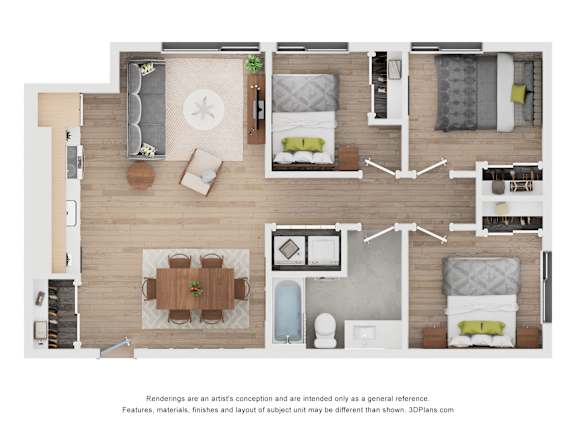 A floor plan of a house with a dining area, living room, and kitchen.