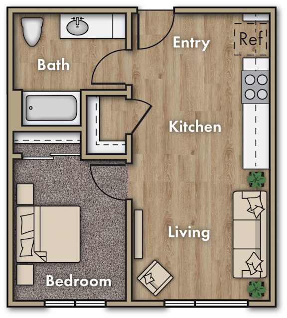 A floor plan of a small apartment with a living room, bedroom, kitchen, and bathroom.