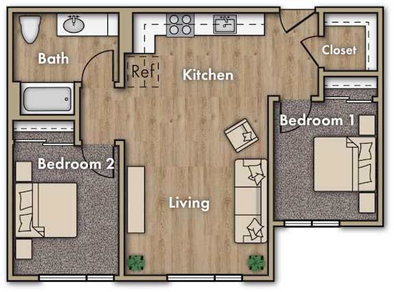 A floor plan of a house with two bedrooms, a living room, a kitchen, a bathroom, and a closet.