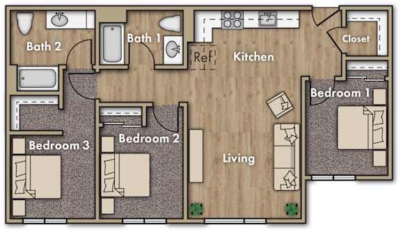 A floor plan of a house with three bedrooms, a living room, a kitchen, a bathroom, and a closet.