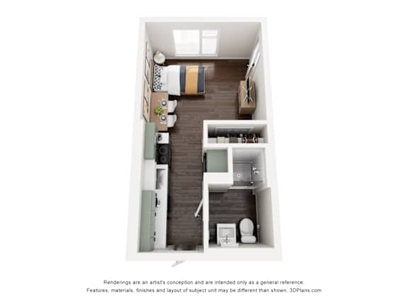 A small apartment with a kitchen, a bathroom, and a living area.
