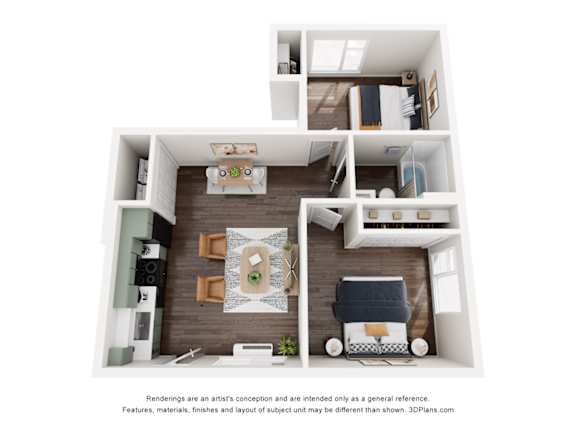 A 3D floor plan of a small apartment with a kitchen, living room, and bedroom.