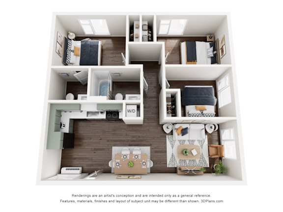 A 3D floor plan of a small apartment with a kitchen, living room, and two bedrooms.
