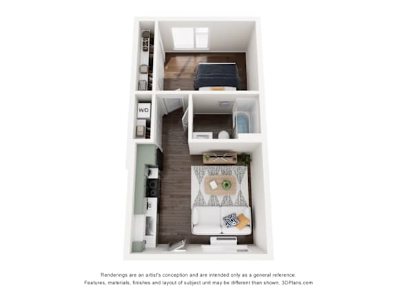 A 3D floor plan of a small apartment with a kitchen, living room, and bedroom.
