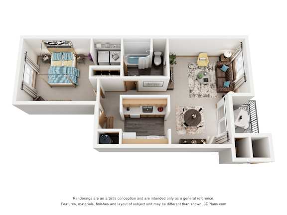 A 3D floor plan of a small apartment with a kitchen, living room, and bedroom.