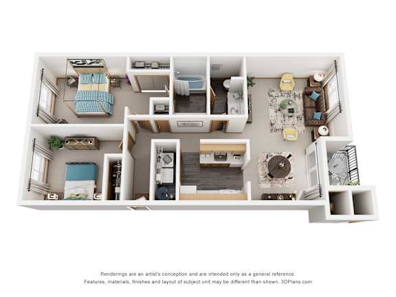 A 3D floor plan of a small apartment with a kitchen, living room, and bedroom.