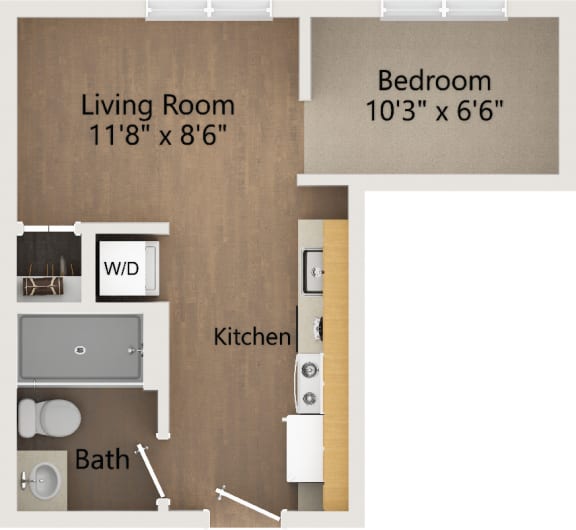 Floor Plan  Eliza Floor Plan &quot;L&quot; Shaped 1 Bedroom Apartment