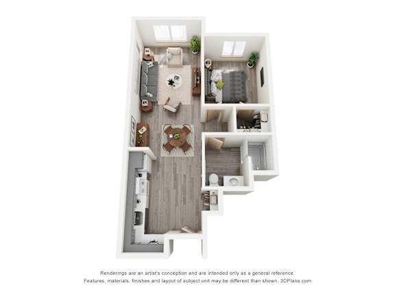A 3D floor plan of a house with a kitchen, living room, dining room, and two bedrooms.