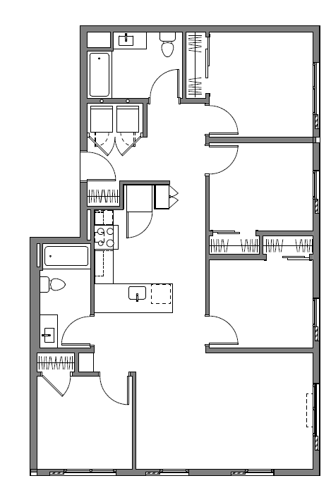 A black and white image of a floor plan with multiple rooms and sections.