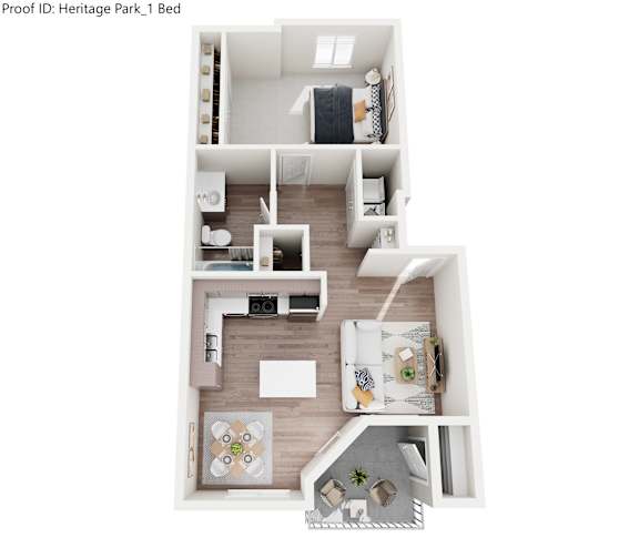 A floor plan of a bedroom with a kitchen area and a bathroom.