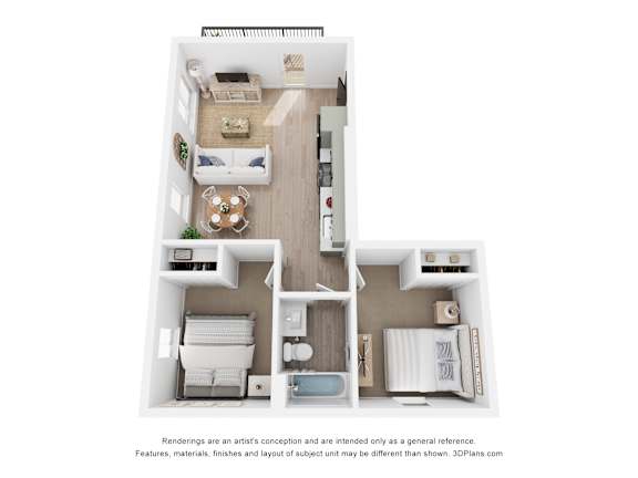 A floor plan of a two-bedroom apartment with a living room, kitchen, and bathroom.
