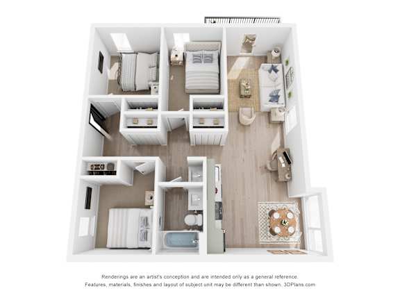 A 3D floor plan of a small apartment with a kitchen, living room, and two bedrooms.