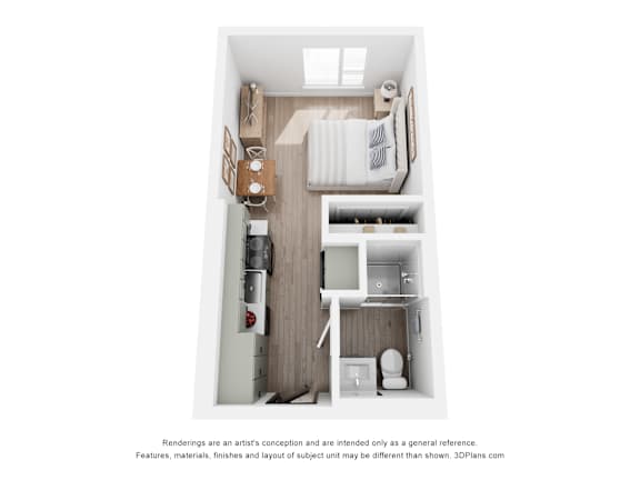 A 3D floor plan of a small apartment with a kitchen, living room, and bathroom.
