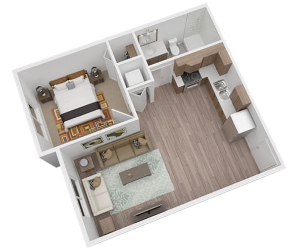 A top down view of a small apartment with a bedroom, living room, and kitchen.