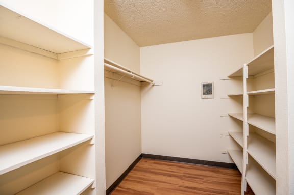 a walk in closet in a room with empty shelves