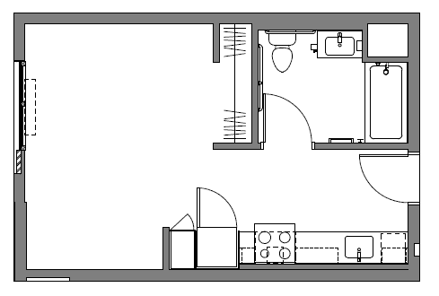 A floor plan of a room with a kitchen area and a bathroom.