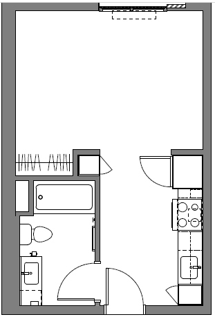 A floor plan of a room with furniture and appliances.
