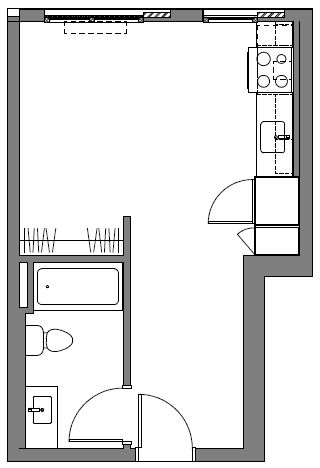 A floor plan of a kitchen with a sink, stove, and refrigerator.