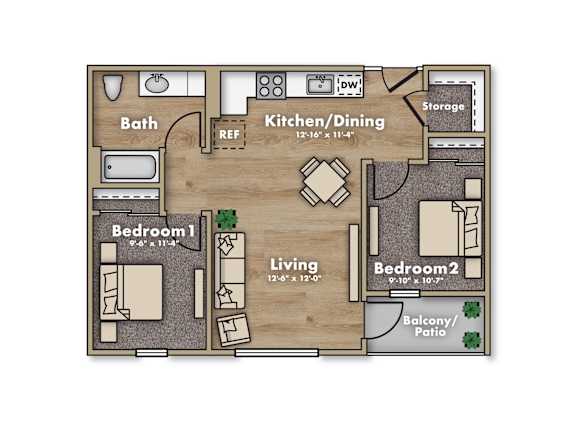 2 Bedroom Floor Plan at Terracina Vista, Portland Oregon