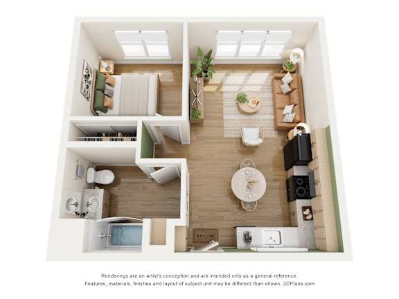A 3D floor plan of a small apartment with a kitchen, living room, and bathroom.