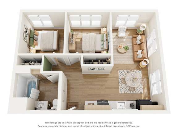 A 3D floor plan of a small apartment with a kitchen, living room, and bedroom.