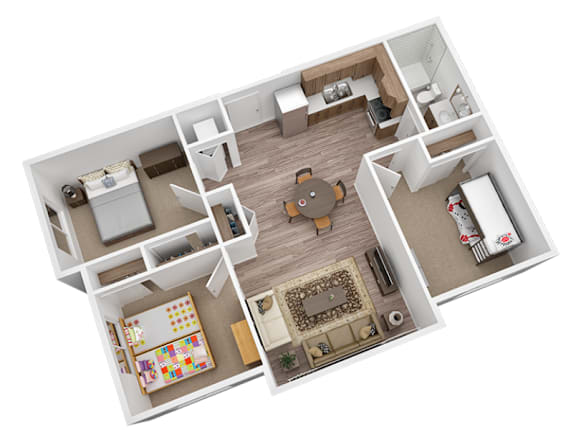 A 3D floor plan of a small apartment with a kitchen, living room, and bedroom.