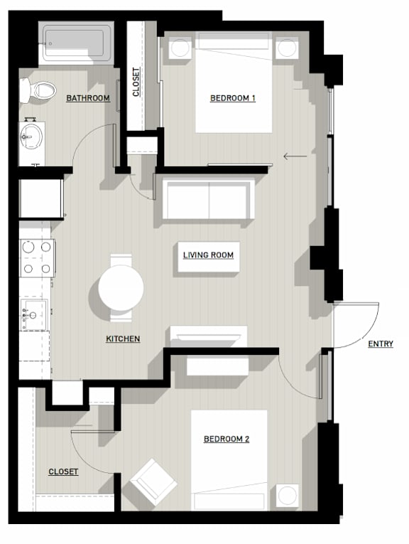 A floor plan of a house with two bedrooms, a living room, a kitchen, a bathroom, and a closet.