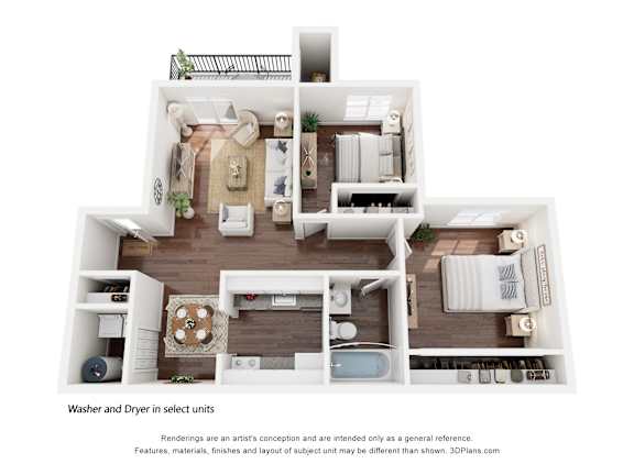 A floor plan of a house with a washer and dryer in select units.