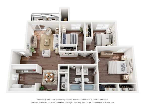 A 3D floor plan of a house with a kitchen, living room, and bathrooms.