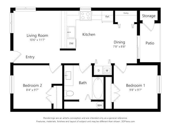 A floor plan of a home with a living room, kitchen, dining room, two bedrooms, a bathroom, a pantry, and a storage area.