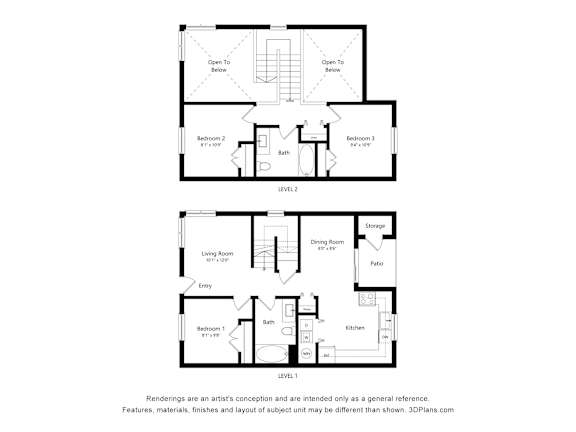 A floor plan of a two level home with three bedrooms and two bathrooms.