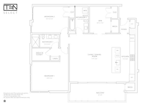 A floor plan for a TEN SELECT property showing three bedrooms, two bathrooms, a living area, kitchen, and balcony.