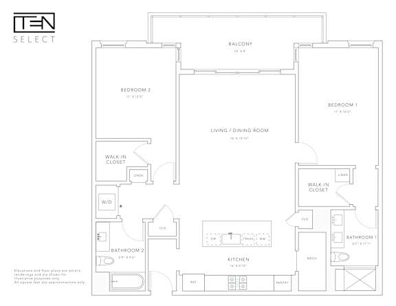 Floor Plan  A floor plan of a TEN SELECT apartment with two bedrooms, a living room, a dining room, a kitchen, a bathroom, a walk-in closet, and a utility space.