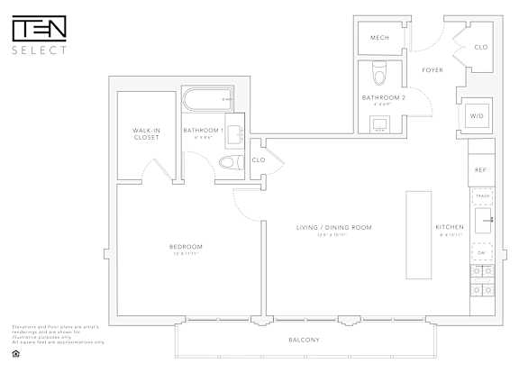 A floor plan of a TEN SELECT apartment with a bedroom, living room, kitchen, and two bathrooms.