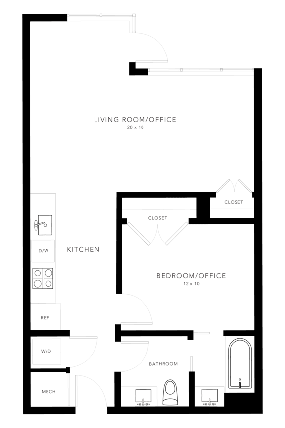 A floor plan of a living room, kitchen, and bedroom/office.