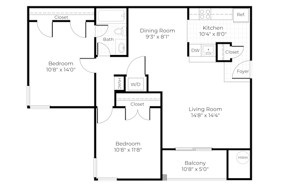 A floor plan of a house with a living room, dining room, kitchen, and three bedrooms.