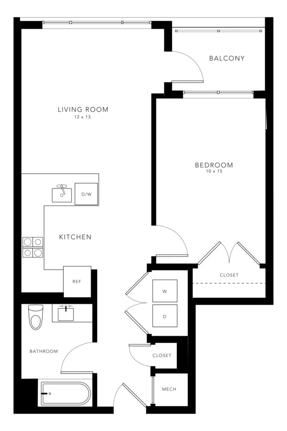 A floor plan of a house with a living room, bedroom, kitchen, and bathroom.