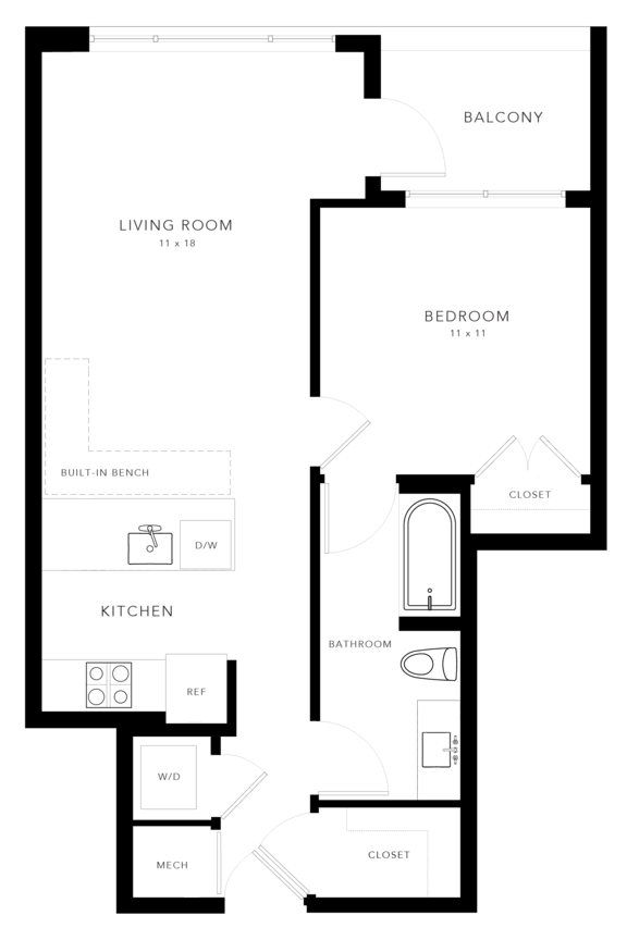 A floor plan of a house with a living room, kitchen, bedroom, and bathroom.