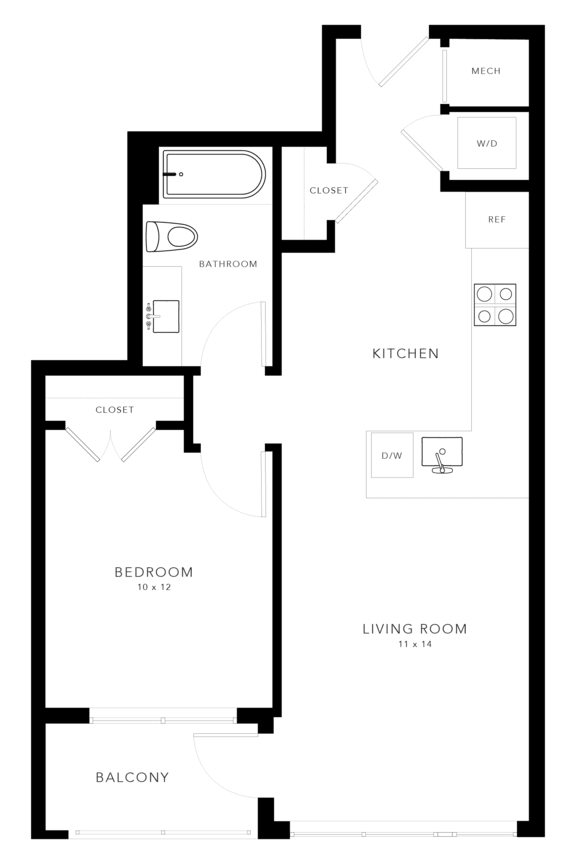A floor plan of a house with a bedroom, bathroom, kitchen, living room, and balcony.