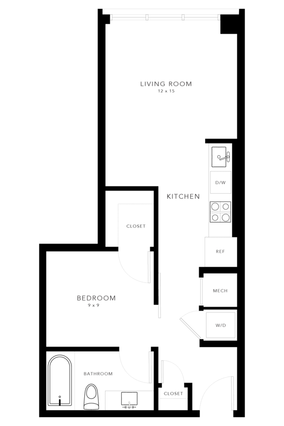 A floor plan of a house with a living room, kitchen, bedroom, bathroom, and closet.