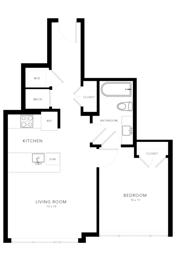 A floor plan of a house with a kitchen, living room, and bedroom.