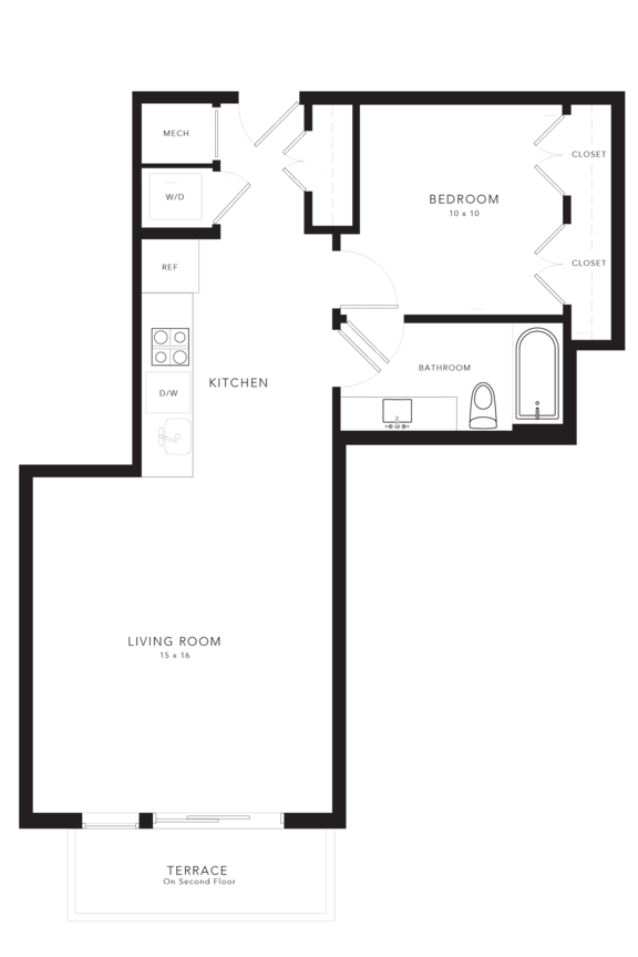 A floor plan of a house with a living room, kitchen, and two bedrooms.