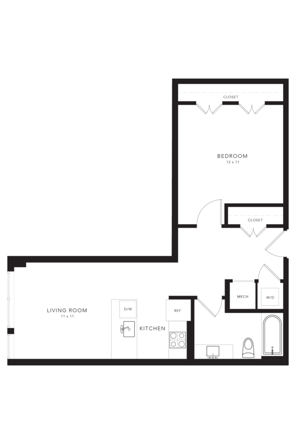A floor plan of a home with a living room, kitchen, and bedroom.